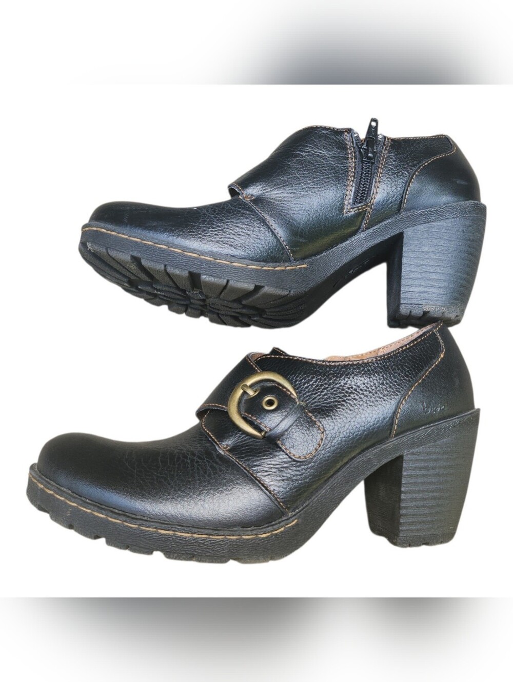 BOC Born Concept Womens 7.5 M/W Black Leather Mary Jane Heels Chunky Academia